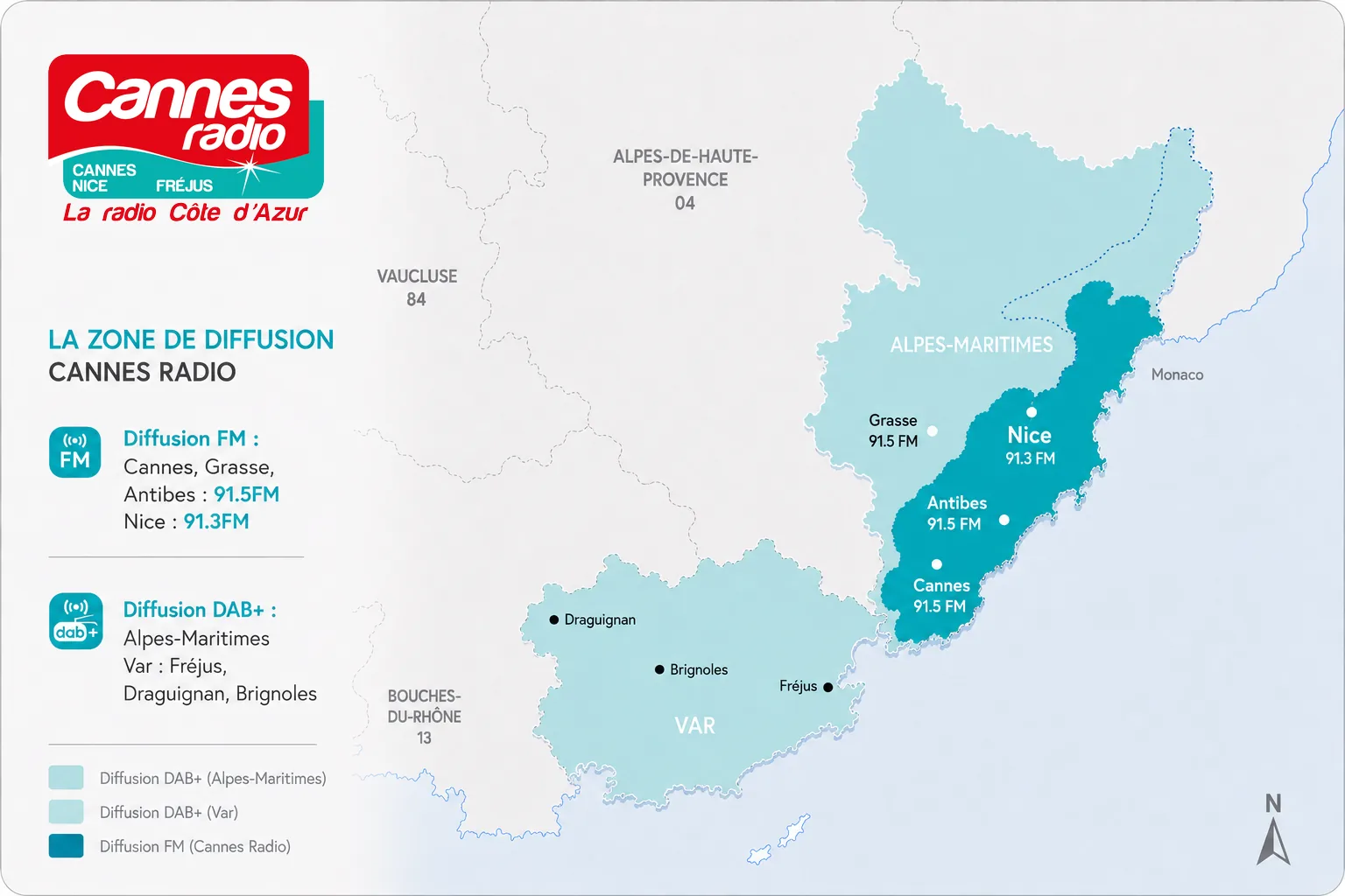 Zone de diffusion Cannes Radio — FM 91.5 / 91.3 & DAB+ (Alpes-Maritimes, Var)