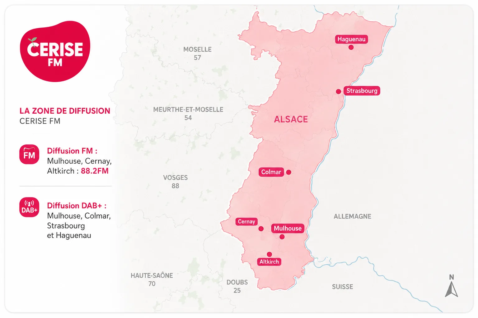 Zone de diffusion Cerise FM — 88.2 FM (Mulhouse, Cernay, Altkirch) & DAB+ Alsace