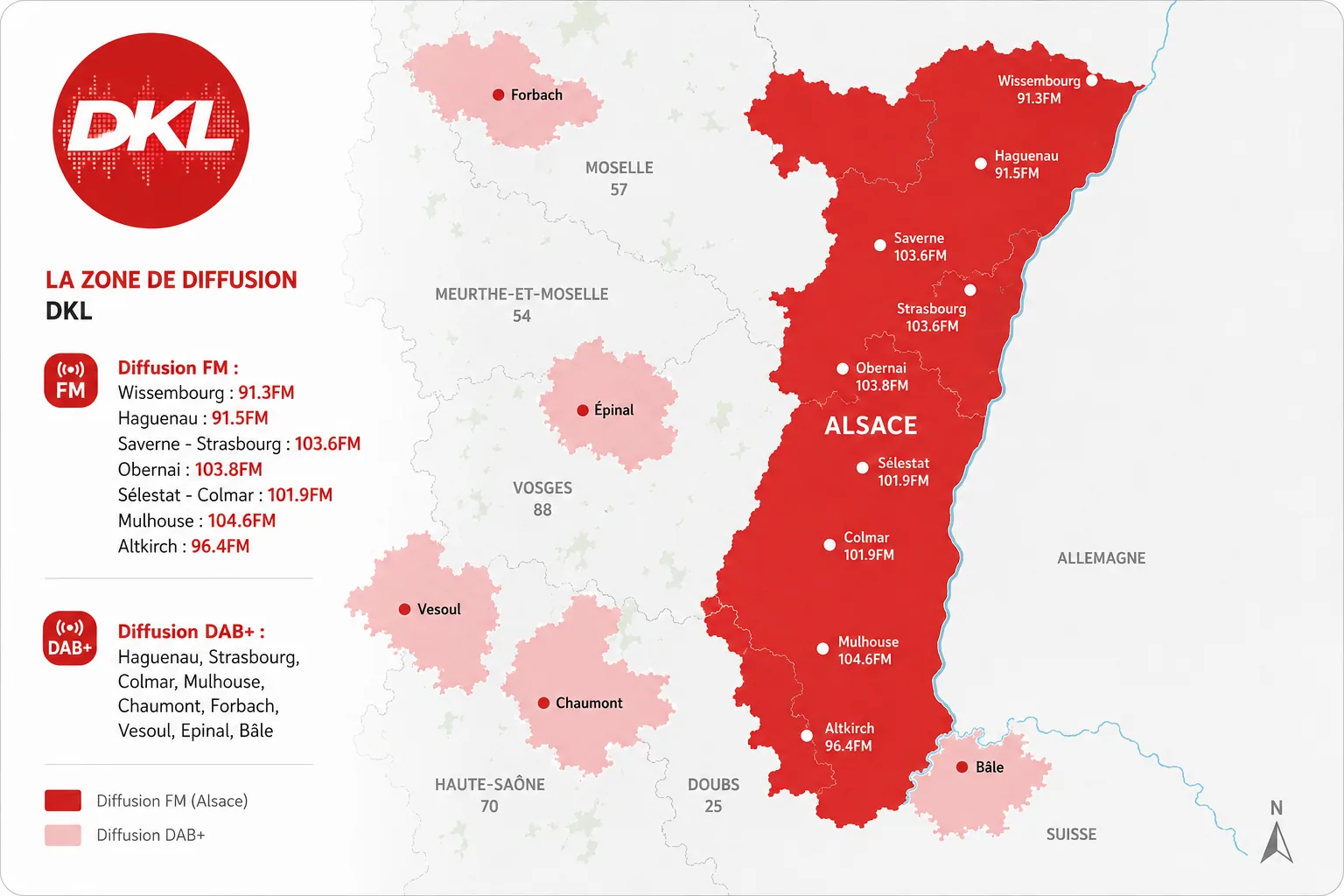 Zone de diffusion DKL — FM Alsace & DAB+