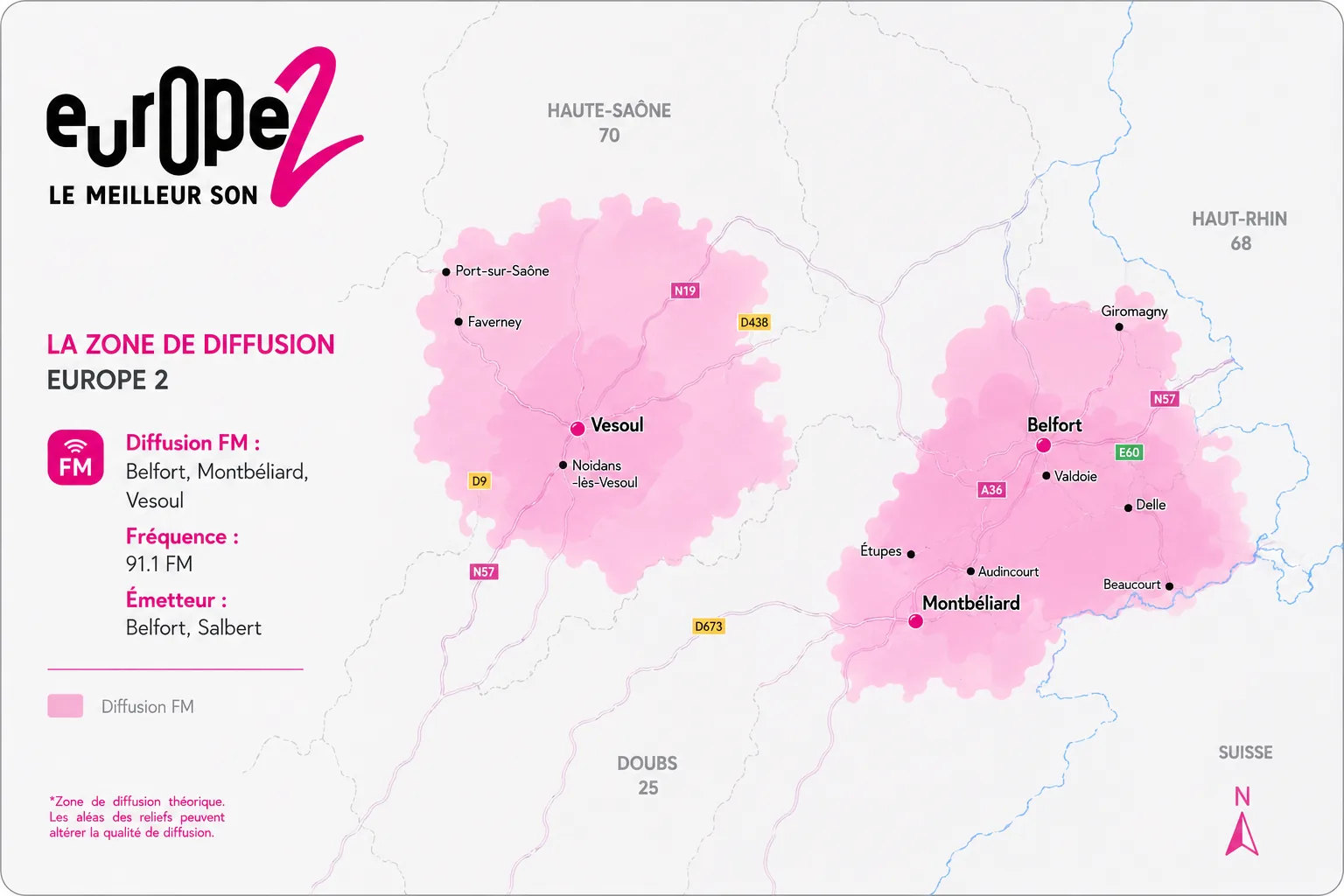 Zone de diffusion Europe 2 — 91.1 FM Belfort, Montbéliard, Vesoul