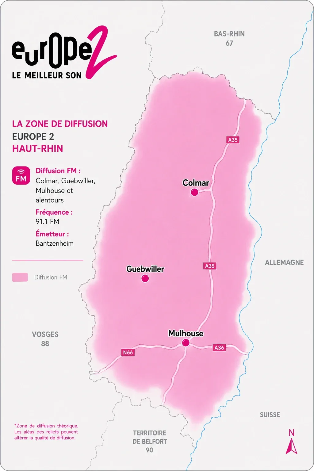 Zone de diffusion Europe 2 Haut-Rhin — 91.1 FM (Colmar, Guebwiller, Mulhouse)