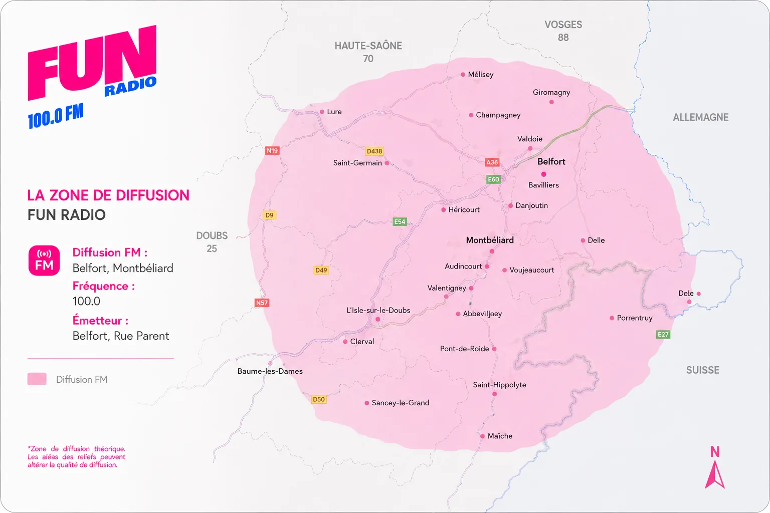 Zone de diffusion Fun Radio — 100.0 FM Belfort-Montbéliard